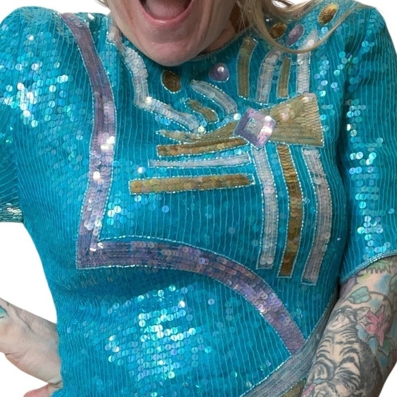 Pantagis Aqua abstract Vintage 70s/80s beaded silk sequin blouse-XL - Picture 6 of 9